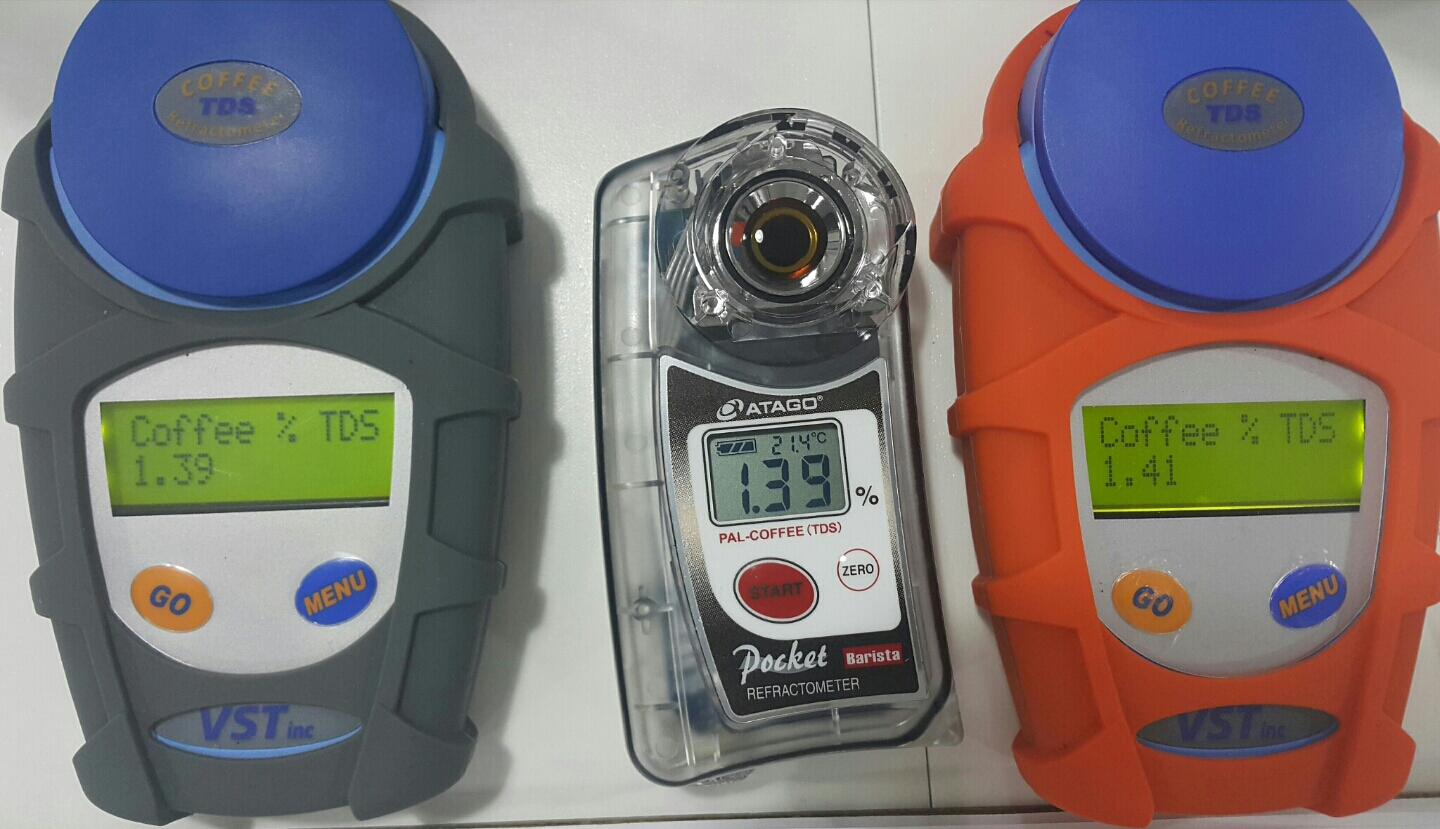Three coffee refractometers side by side, reading 1.39, 1.39 and 1.41 percent TDS.